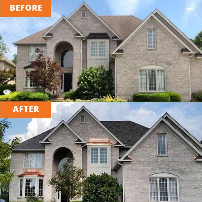 Metal reroofing project before and after in Indianapolis, IN