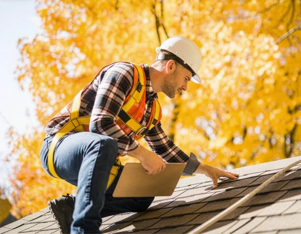roofer inspecting a roof in Fishers, IN